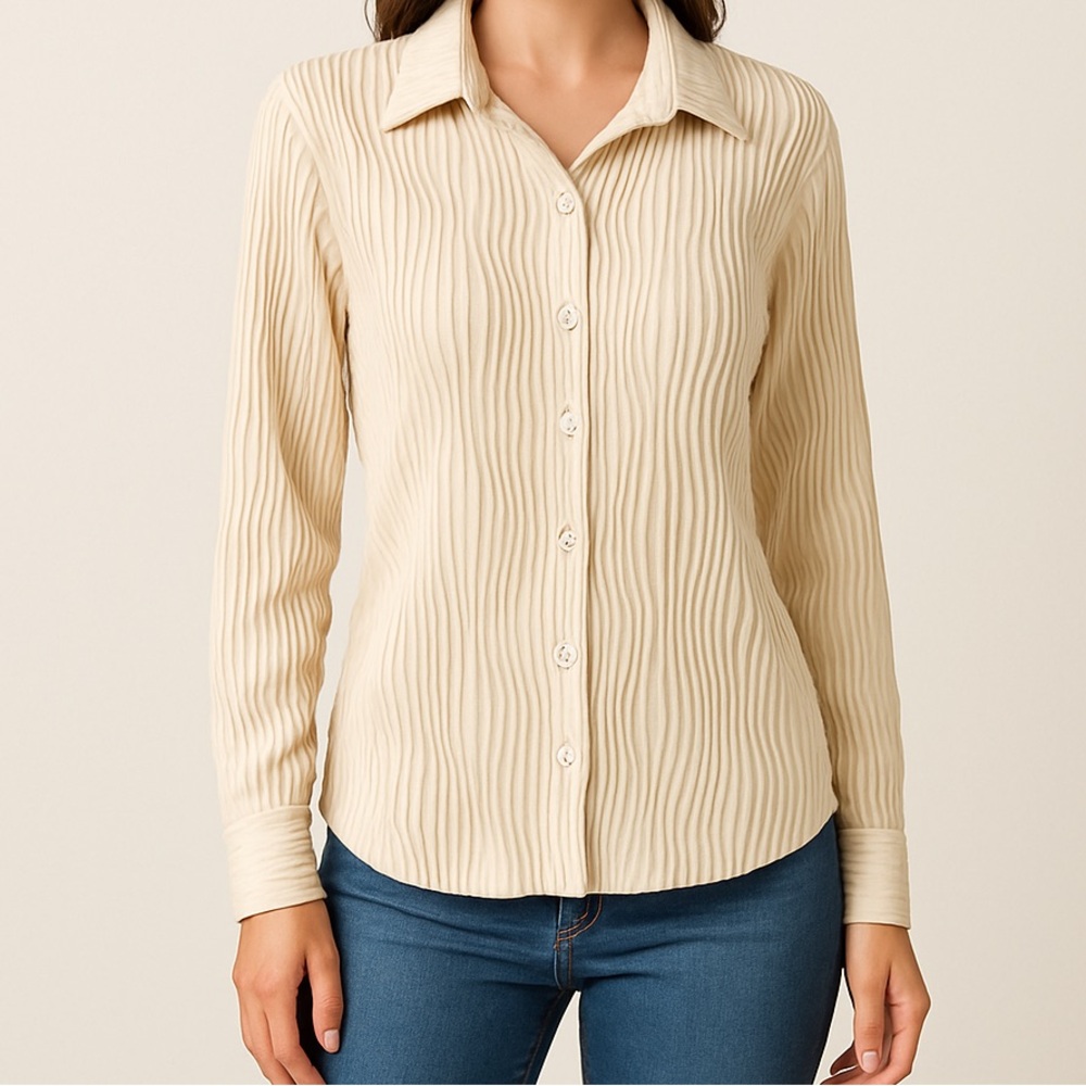 CHYRII Beige Pleated Button Down Blouse Long Sleeve =Size S=